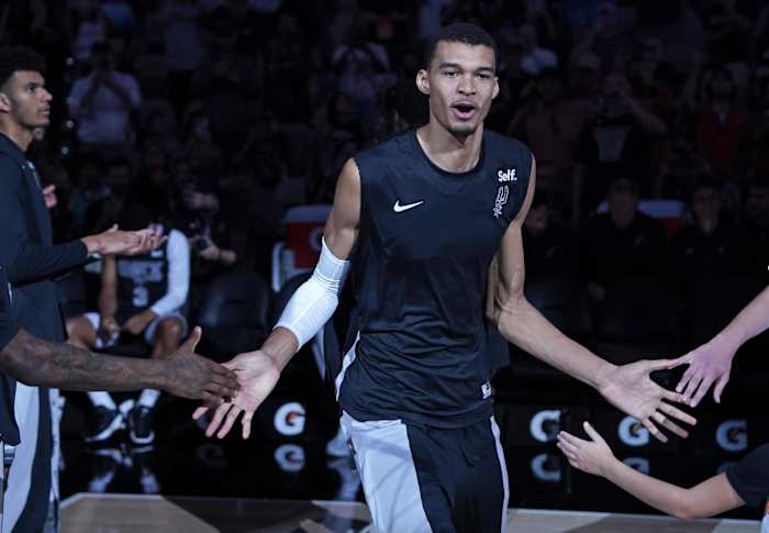 Nov 5, 2023; San Antonio, Texas, USA; San Antonio Spurs center Victor Wembanyama (1) is introduced before the game against the Toronto Raptors at the Frost Bank Center.